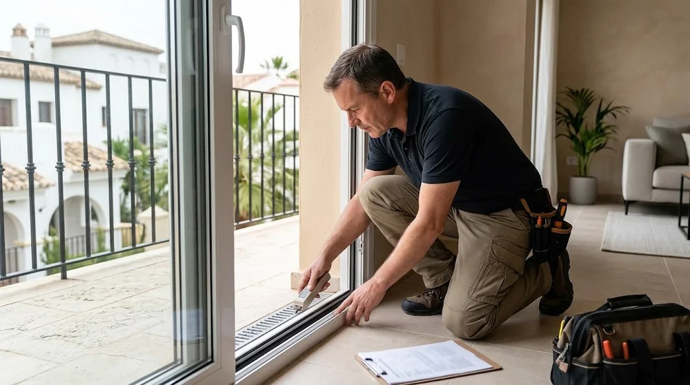 Technik kontroluje těsnění balkonových dveří v dokončeném apartmánu.